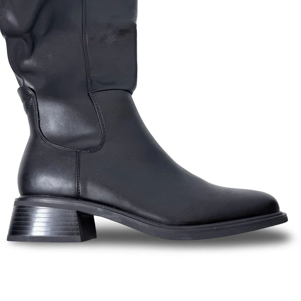 QIY Black PU Knee High Square Toe Block Heel Slouchy Boots Womens 9.5 New
